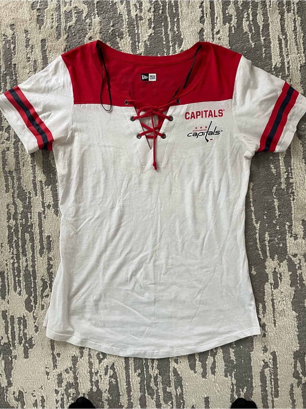 New Era Women's White Tee with Red Yoke & Red Lace-Up